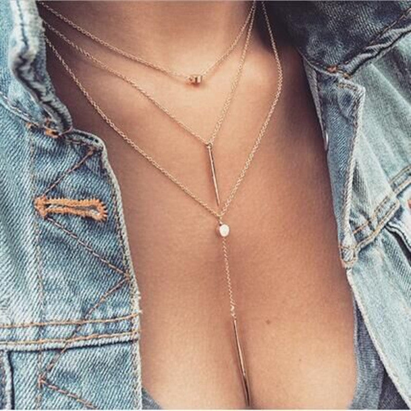 Fashion Alloy metal bar Pendant 3 Layers Chain Necklace Chunky Women statement Choker Necklaces Women Jewelry Free Shipping