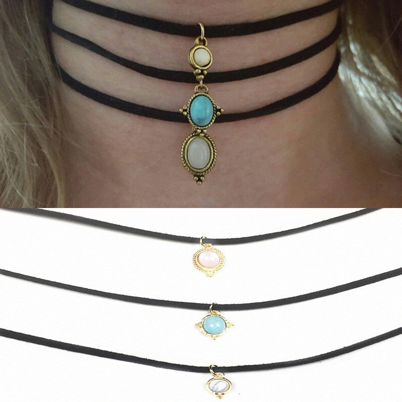 3 Pcs Sets Round Opal Stone Chokers Necklaces Pendants Maxi Necklaces For Unisex Hot-selling Necklace Sets X154