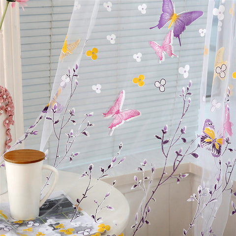 Butterfly Branches Printed Tulle Curtains for Living Room Kitchen Indoor Window Screening Decor Balcony Burnout Voile Curtain