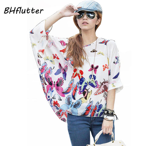 Blusas Summer Tops Plus Size Women Clothing 2017 New Style Batwing Sleeve Women Blouses Floral Print Women's Chiffon Shirts