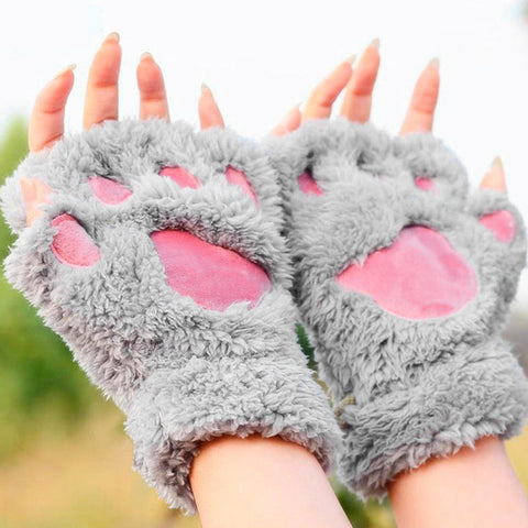 Lovely Women Bear Cat Claw Paw Mitten Plush Gloves Winter Half Finger Fingerless Gloves Mittens Ladies Half Cover Female Gloves