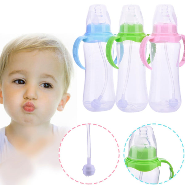 240ml Cute Baby bottle Infant Newborn Children Learn Feeding Drinking Handle Bottle Kids Straw Juice Water Bottles Training Cup