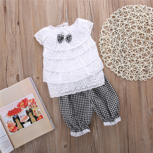 2PCS Toddler Kids Baby Girls Outfit Clothes Cute Lace Plaid Sets Sleeveless shirt Tops+ short Pants Trousers Hot Sale