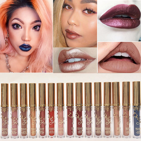 2016 Fashion Color Pigment Nude Velvet Gold Metallic Lipstick Matte Liquid Waterproof Lip Gloss Tattoo Tint Cosmetics