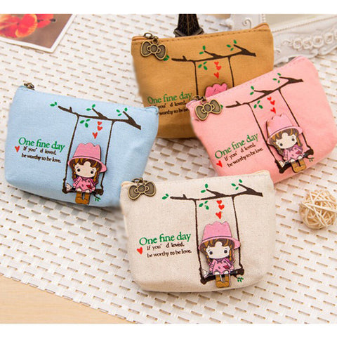 Cute Canvas Coin Bag Lovely Girls The Swing Holder Purse Small Zipper Wallet Card Purse Zip Key Case Money Clip