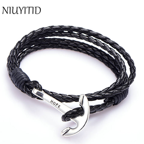 NIUYITID 40cm PU Leather Men Bracelet Jewelry Man Anchor Bracelet Wristband Charm Braclet For Male Accessories Hand Cuff