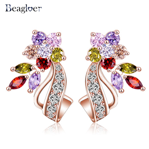 Beagloer Brand Top Selling Flower Stud Earring with Multicolor/Clear AAA Zirconia Stone Earring Bride Wedding  Jewelry CER0201-B