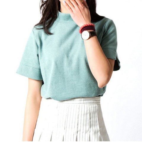 New Fashion 2017 Summer Korean Style All-match Solid Surtleneck Short Sleeve Women T-shirt Female Shirt Fresh Color Women Tops