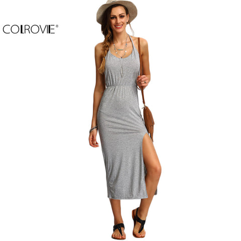 COLROVIE Halter Sleeveless Backless Side Split Sheath Long Beach Ladies Cotton Dresses 2016 Summer Dress