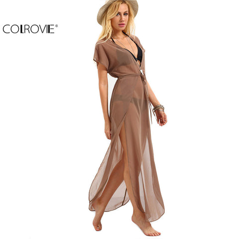 COLROVIE Ladies Brown Drawstring Waist V Neck Split Dresses Summer Beach Wear Sexy Short Sleeve Long Maxi Dress