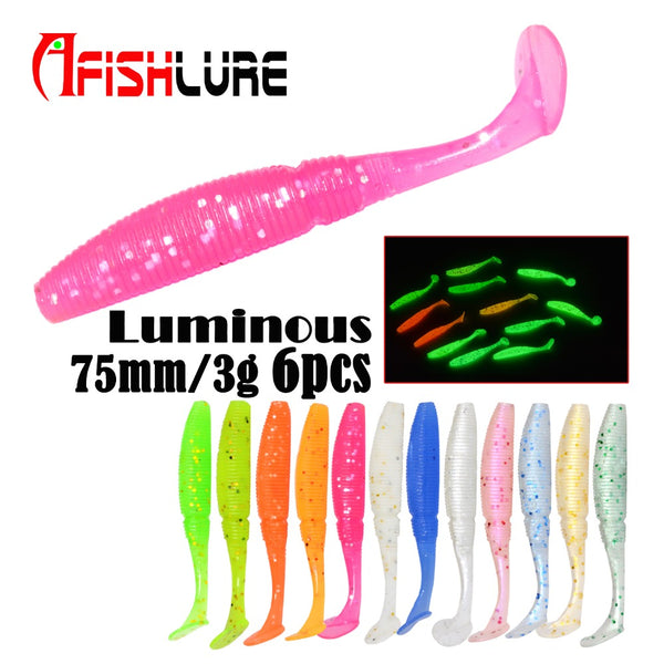 6pcs/lot  T Tail Soft Grub Glow 75mm 3g Luminous soft fishing lure Abdomen open hook Paddle Tail Soft Lure Bass Fishing bait