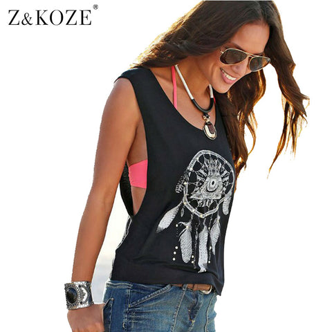 Z&KOZE Vintage Ethnic Tshirts Summer Women Vest Drilling Printed Lady O-Neck Loose Tops Casual Sleeveless Blusas Tank Tops