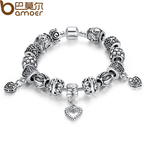 BAMOER Antique Silver Charm Bracelet & Bangle Silver 925 With Heart Pendant for Women Wedding Vintage Jewelry PA1431