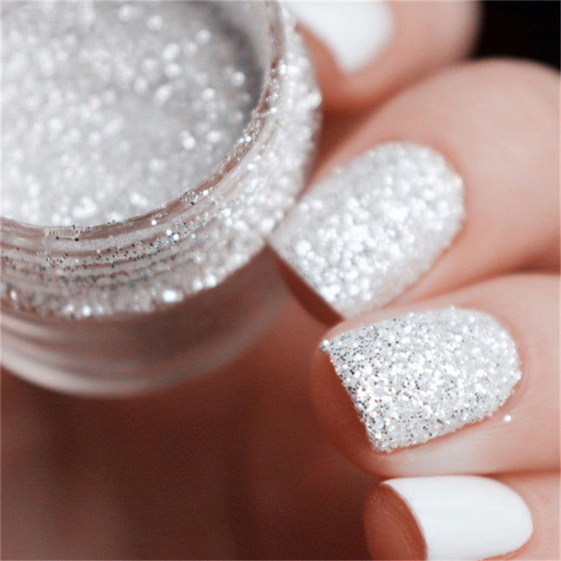 10ml/Box Mixed Laser Nail Glitter Tips White Silver Glitter Powder Shiny Nail Glitter Powder 1mm & 2mm & 3mm Nail Art Decoration