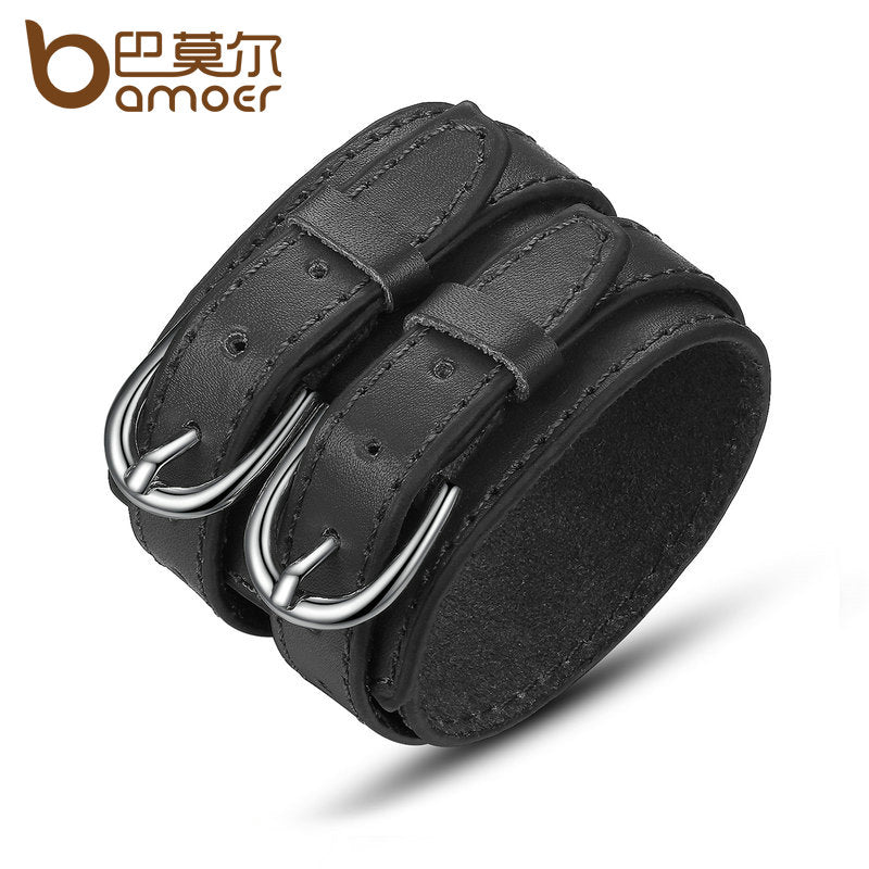 BAMOER Fashion Double Belt Leather Wrist Friendship Big Wide Bracelet for Men Buckle Vintage Punk Jewelry PI0268