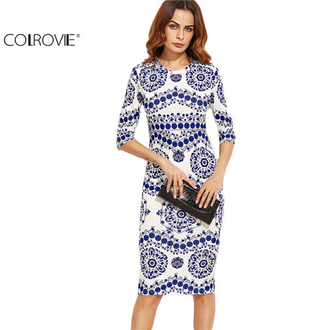 COLROVIE Blue And White Porcelain Print Slim Pencil Dress Office Ladies Work Wear Round Neck 3/4 Sleeve Midi Dress