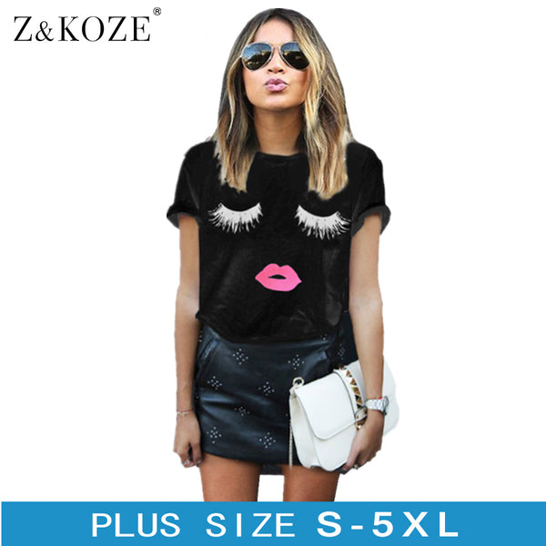Z&KOZE Plus Size 5XL Eyelashes Red Lips Printed Women T Shirt Loose Female Summer Tee Tops Short Sleeve White Women Tshirts