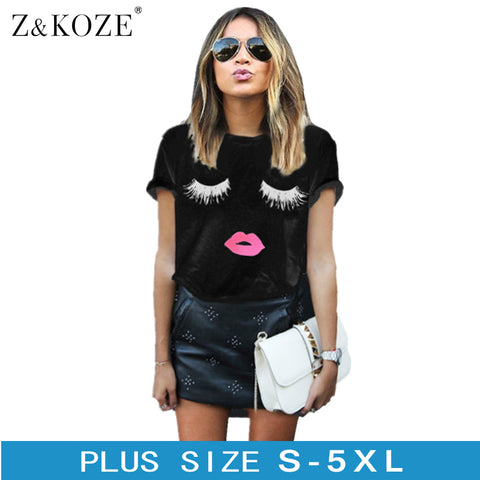 Z&KOZE Plus Size 5XL Eyelashes Red Lips Printed Women T Shirt Loose Female Summer Tee Tops Short Sleeve White Women Tshirts