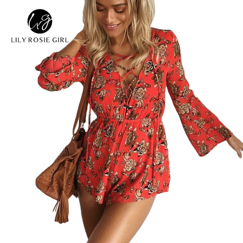 Boho Sexy Lace Up Deep V Neck Red Floral Print Women Playsuits Elegant Summer 2016 Backless Rompers Short Overalls Jumpsuit