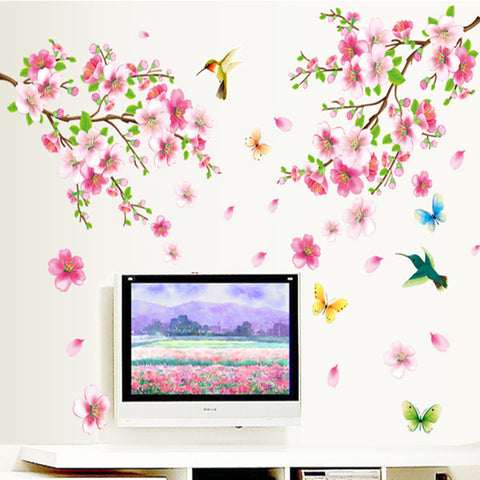 Large ZY9158 Elegant Flower Wall Stickers Graceful Peach Blossom birds Wall Stickers Furnishings Romantic Living Room Decoration