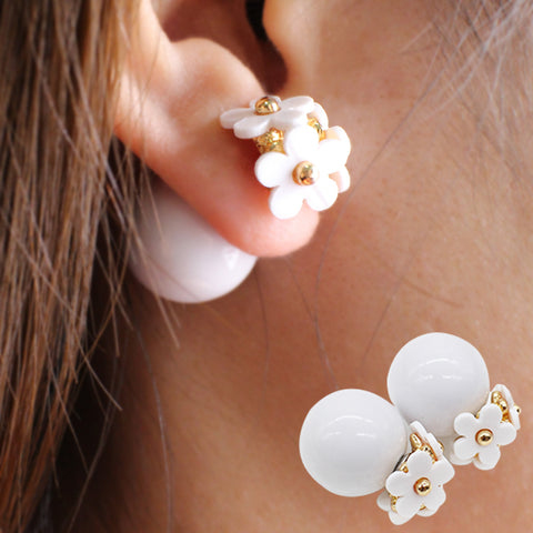 2017 new simulated pearl flower Earrings light cute korea two ball Jewelry Double side Stud Earring candy romantic wholesale