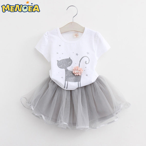 Menoea 2017 Autumn New Baby Girls Clothing Sets Fashion Style Cartoon Kitten Printed T-Shirts+Net Veil Dress 2Pcs Girls Clothes