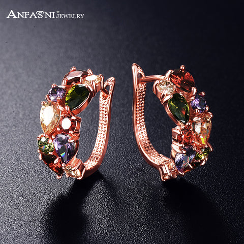 ANFASNI 2016 Fashion Brilliant MultiColor Flower Earrings Rose Gold Plt Cubic Zircon Earring Wedding For Women CER0143