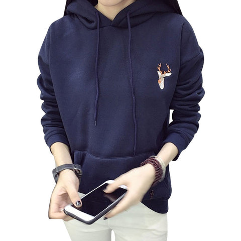 Women Hoodies Sweatshirts 2017 Spring Deer Embroidery Cashmere Thick Pullover Tops Big Pockets Hooded Hoodie Plus Size Sudadera