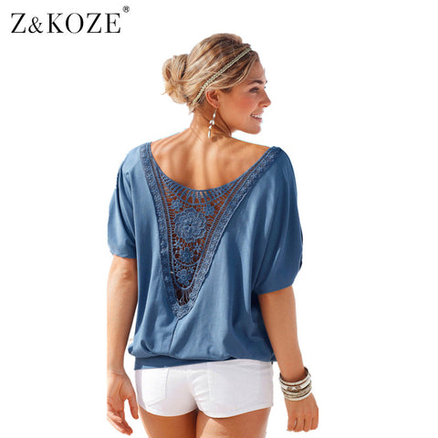 Z&KOZE Womens Hollow out Stitching Lace Summer T Shirt Fashion Loose tops Lady Lace Top t-shirt Sexy Tee Tops plus size