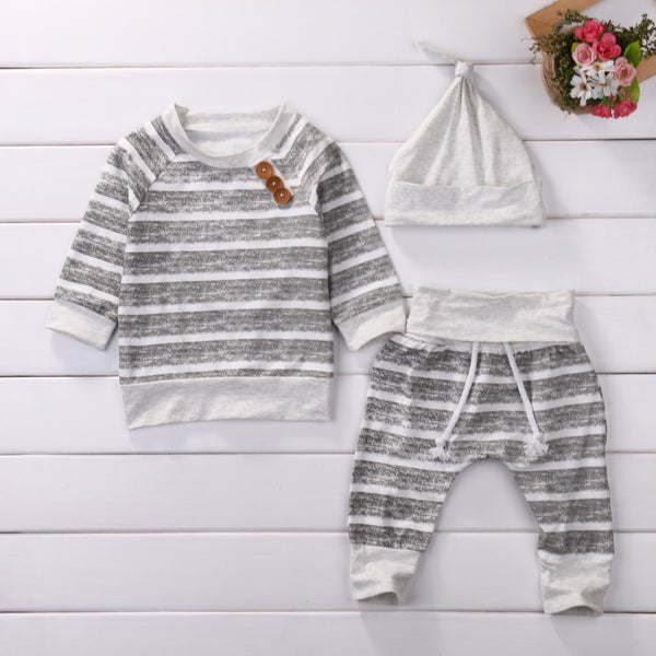Kids Toddler Baby Girl Boy Clothes Set Long Sleeve Cotton Tops Striped T-Shirts Pants Hat 3pcs Clothing Outfits Set