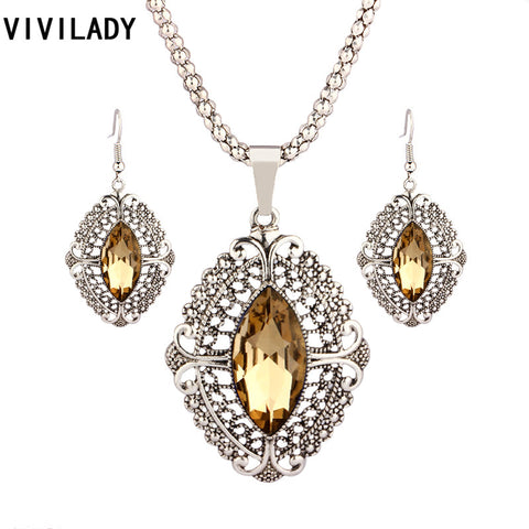 VIVILADY Retro Zinc Alloy Geometric Crystal Wedding Bridal Jewelry Sets Women Pendants Necklaces Earrings Accessories Party Gift