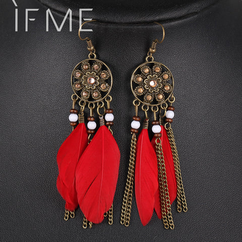 Retro Women Fashion Personality Punk Classic Bronze Earrings Flower Rhinestone Feather Tassel Pendant Earrings For Women Drop