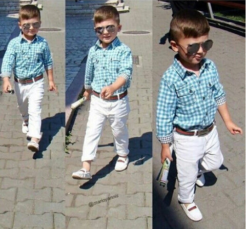 ST154 2015 new fashion boys clothes set kids loose-fitting cotton plaid shirt+ pants+ belt 3 pcs minion kids clothing set retail