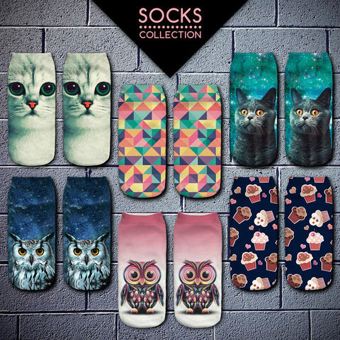2016 New Meias Summer Autumn Harajuku Owl Socks 3D Print Animal  Women's  Low Cut Ankle Socks Cat Printed Socks