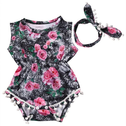 Adorable Baby Girl Clothes Floral Bodysuit One-pieces Romper Sunsuit + Headwear 2PCS Outfits Bebek Giyim Clothing Set 0-24M