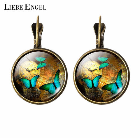 LIEBE ENGEL Hot Sale Vintage Butterfly Picture Glass Cabochon Earrings For Women Jewelry Christmas Gifts Stud Earring