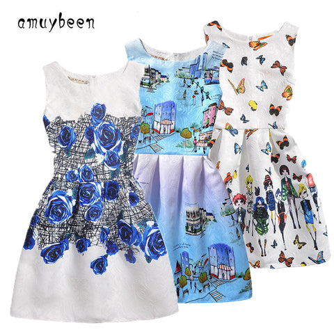 Amuybeen 2017 New Year Kids Summer Christmas Princess Casual Print Pattern Party Girls Dress Children Clothes Baby Girl Dresses