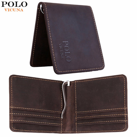 VICUNA POLO Vintage Simple Design Solid Genuine Leather Men Money Clip Wallet Slip Metal Short Wallet Men Genuine Leather Wallet