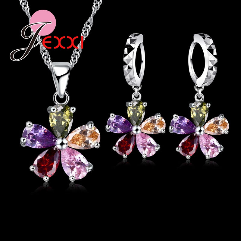 JEXXI Five Petaled Flowers Shinning Colorful CZ Crystal Pendant Jewelry Sets 925 Sterling Necklace + Dangle/Hoop Earring Sets