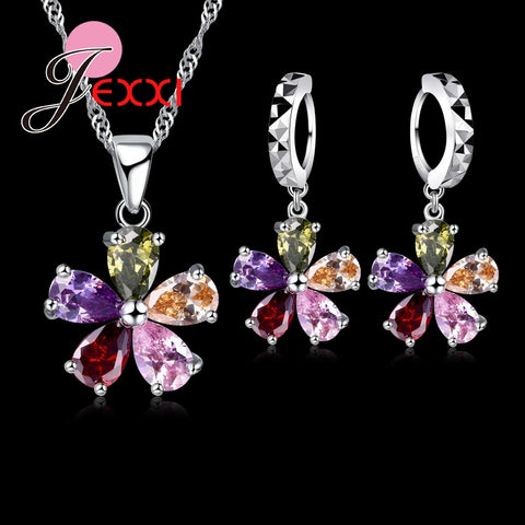 JEXXI Five Petaled Flowers Shinning Colorful CZ Crystal Pendant Jewelry Sets 925 Sterling Necklace + Dangle/Hoop Earring Sets