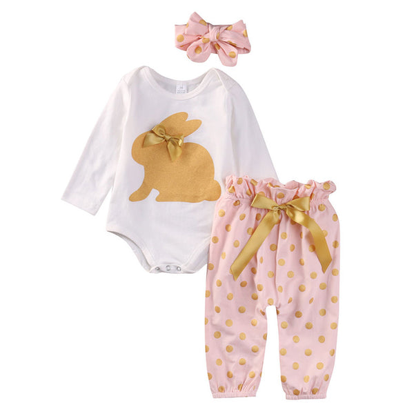 Cute Newborn Baby Girl Clothes 3PCS Infant Bebes Rabbit Romper Bodysuit Gold Dot Pant Headwear Outfit Bebek Giyim Kids Clothing