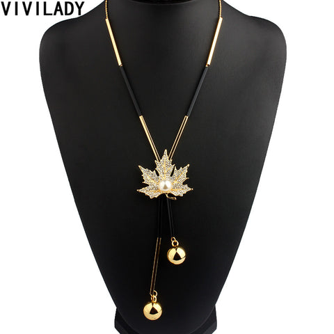 VIVILADY Lovely Maple Leaf Long Beaded Chain Tassel Pendant Necklace Women Office Lady Imitation Pearl Jewelry Bijoux Gifts