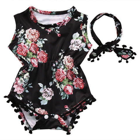 Lovely Baby Girl Romper Clothes 2017 Summer Floral Tassel Bodysuit Jumpsuit +Headband 2PCS Outfit Sunsuit Tracksuit Clothing Set