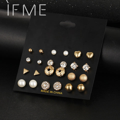 12 Pcs/Set Crystal Alloy Round Ball Gold Color Stud Earrings Vintage Silver Color Simulated Pearl Earring Set For Women Brincos
