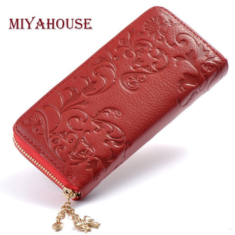 Miyahouse Fashion Genuine Leather Women Long Purse Flower Embossing Female Zipper Wallet Money Clips Woman Cards Purse