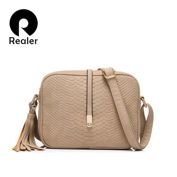 REALER brand women crossbody bags for women shoulder messenger bags crocodile pattern artificial leather handbag with tassel