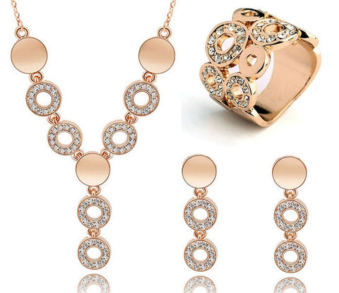 Cheap Wedding Jewelry Sets Circle Design Long Pendant Necklace Choker Finger Ring Austrian Crystal Dangle Earrings Set for Women