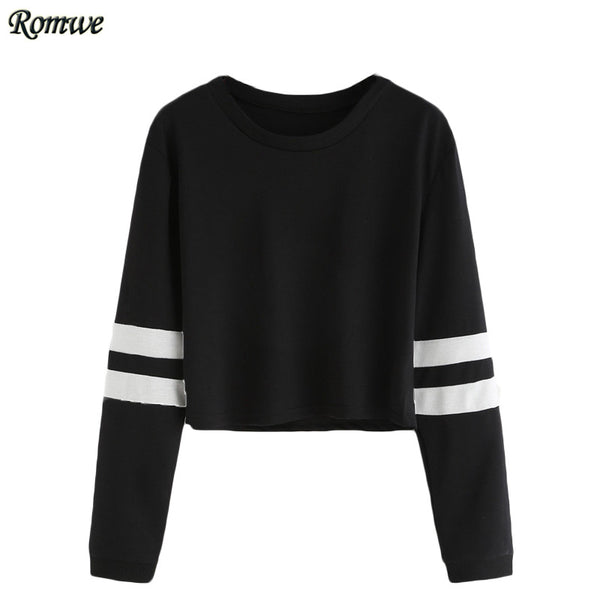 ROMWE T shirt Women 2016 Clothing Casual Ladies Autumn Tees Round Neck Varsity Striped Long Sleeve Crop T-shirt