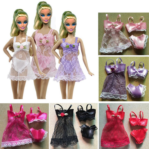 1set=3pcs(Dress + Bra + Underwear)Sexy swimwear Lace Night dress For Barbie Doll Pajamas Lingerie clothes eg003
