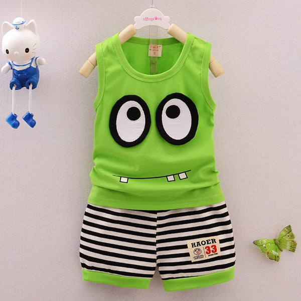 Summer Kids Clothes Set Cotton Cartoon Style Baby Boy Girls Vest+ Stripe Shorts 2pcs Clothing Set Children Sport Suit Hot